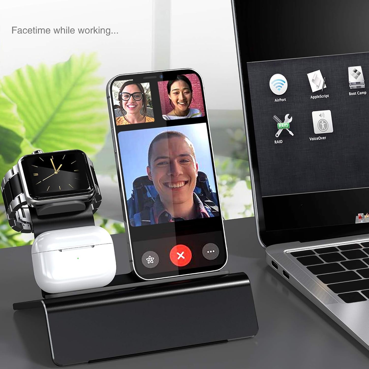 Aluminum Charging Stand for Apple Device 3 in 1 Charger Stand Holder Compatible with Magsafe Charger Iwatch Charger Airpods Pro/2/1 and Iphone Stand Holder(Charger & Cable Required)-Black