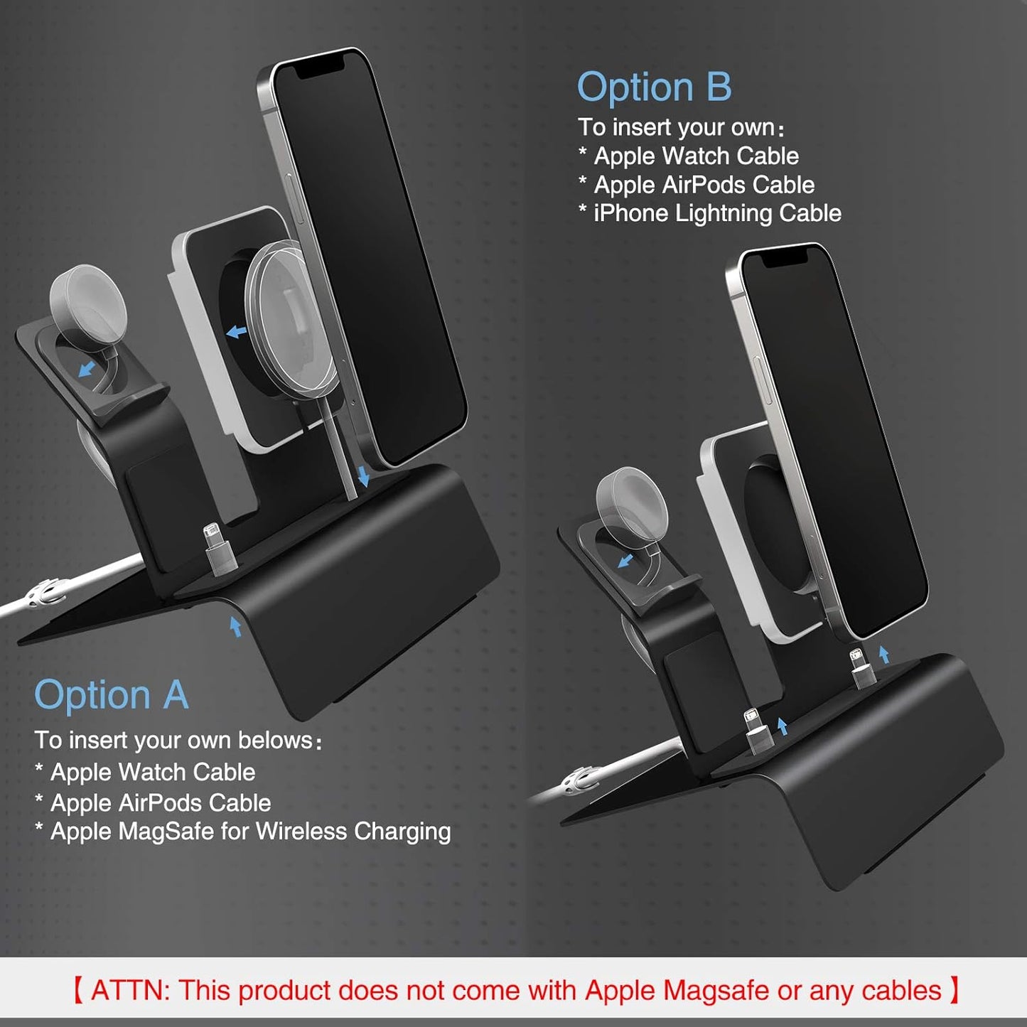 Aluminum Charging Stand for Apple Device 3 in 1 Charger Stand Holder Compatible with Magsafe Charger Iwatch Charger Airpods Pro/2/1 and Iphone Stand Holder(Charger & Cable Required)-Black