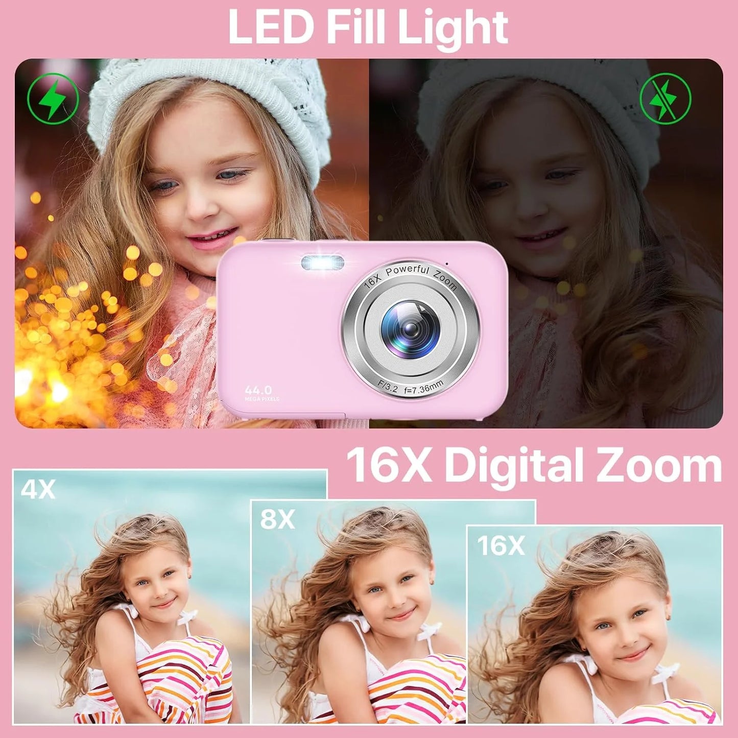 Digital Camera Kids Camera with 32GB Card FHD 1080P 44MP Vlogging Camera 16X Digital Zoom Portable Camera (Pink)
