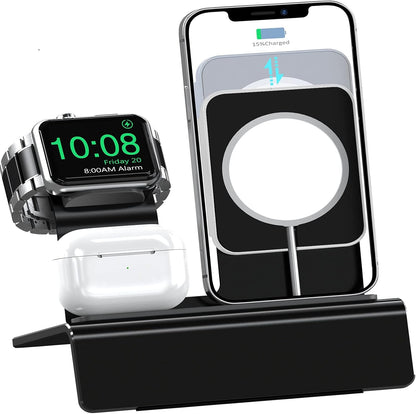 Aluminum Charging Stand for Apple Device 3 in 1 Charger Stand Holder Compatible with Magsafe Charger Iwatch Charger Airpods Pro/2/1 and Iphone Stand Holder(Charger & Cable Required)-Black